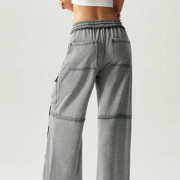 Dark Grey Casual Women's Vacation Knitted Pleated Pocket Palazzo Pants - Picture 4 of 7